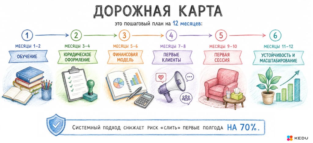 Дорожная карта психолога-новичка: от первого диплома до стабильного дохода за 12 месяцев