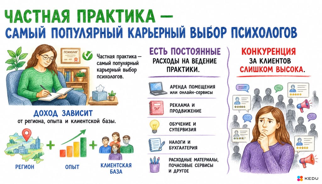 Частная практика психолога: факторы дохода (регион, опыт, база) и основные расходы (аренда, реклама, обучение, налоги)