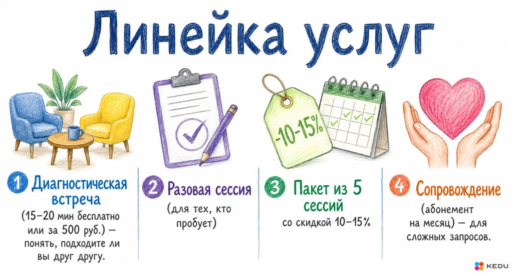Линейка услуг психолога: диагностическая встреча, разовая консультация, пакет сессий и сопровождение
