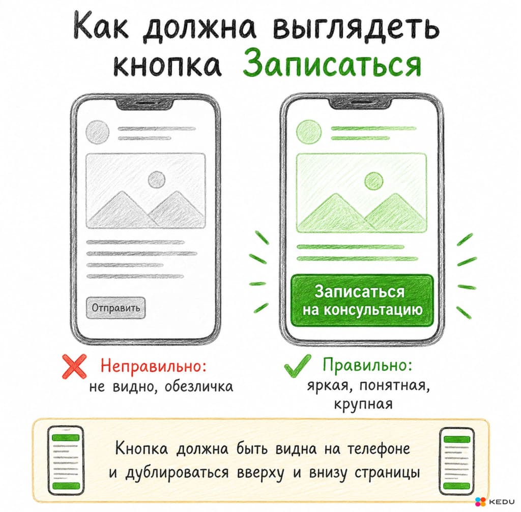Как правильно оформить кнопку Записаться на сайте нутрициолога: неправильный вариант «Отправить» (обезличенный) и правильный вариант «Записаться на консультацию» (яркий, крупный, с дублем вверху и внизу страницы)