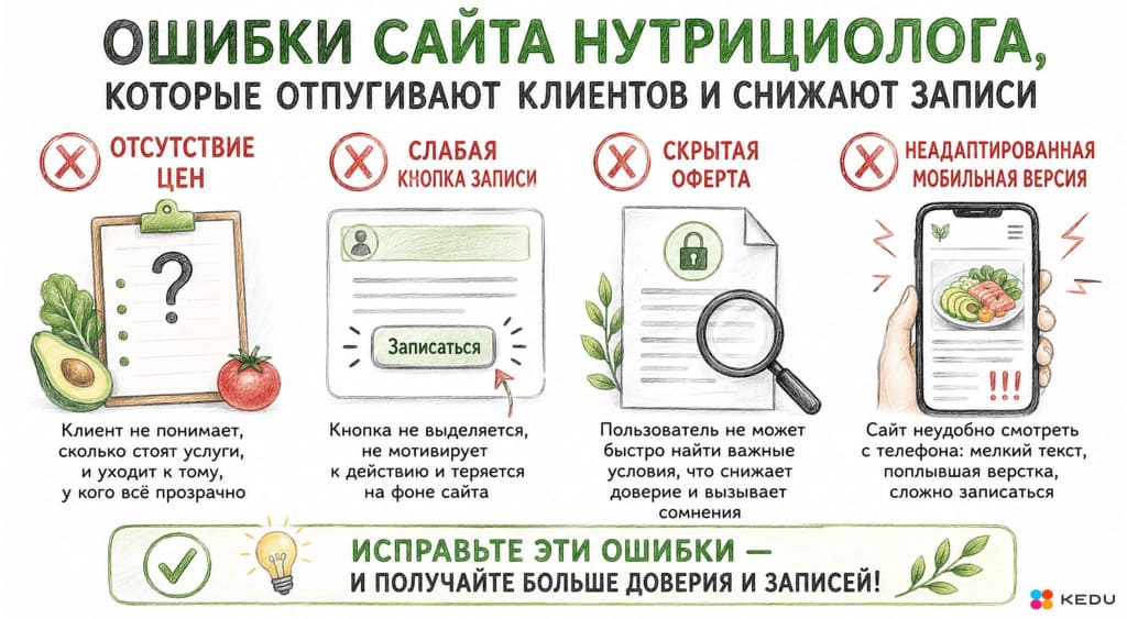 Ошибки сайта нутрициолога: отсутствие цен на консультацию, слабая кнопка записи, скрытая публичная оферта и неадаптированная мобильная версия — чек-лист для самостоятельной проверки