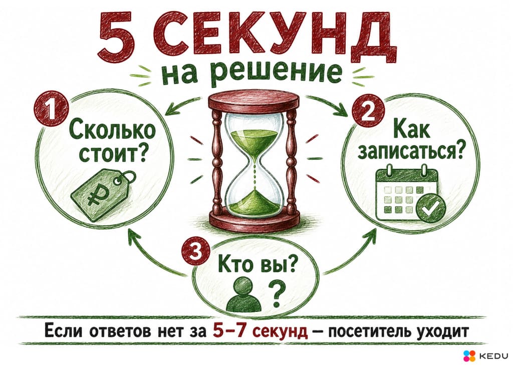 Почему посетитель не записывается на консультацию нутрициолога — три главных вопроса клиента за 5 секунд: сколько стоят услуги, как записаться на приём, кто вы как специалист